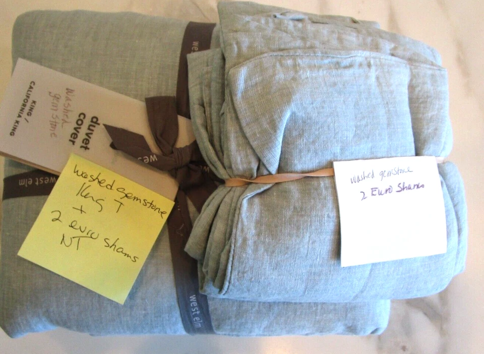 West Elm Flax Linen Melange King  duvet 2 Euro Shams Washed Gemstone silver mist - Image 1 of 1