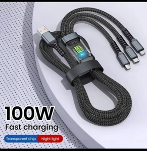 3-in-1 100W 5A Fast Charging USB To Type-C Micro Fast Charger Cable For iPhone 1 - Picture 1 of 4