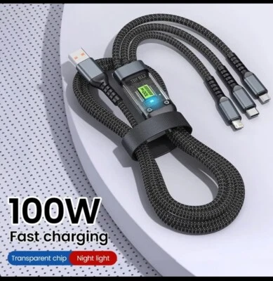 3-in-1 100W 5A Fast Charging USB To Type-C Micro Fast Charger Cable For iPhone 1 - Image 1 of 4
