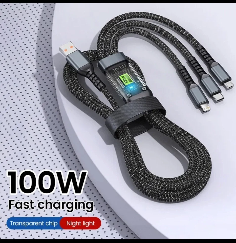 3-in-1 100W 5A Fast Charging USB To Type-C Micro Fast Charger Cable For iPhone 1 - Image 1 of 4