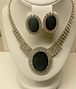 Vintage Elegant Rhinestone Faux Black Onyx Center Necklace & Earrings SET - Picture 1 of 21