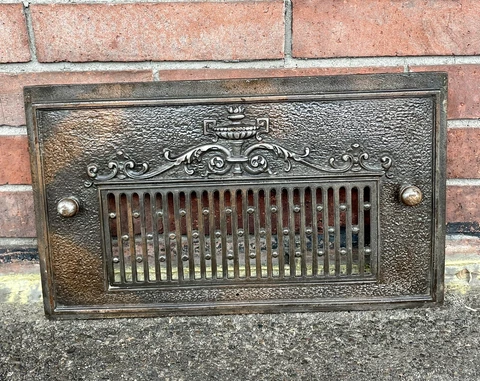 ANTIQUE Heavy CAST IRON FIREPLACE COVER VENT DOOR Wall Decor Vase 20 X 12” b Cover