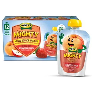 Mott's Mighty Strawberry Peach Applesauce, 3.2 oz, 12 Count Clear Pouches - Picture 1 of 5