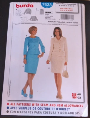 Traje Burda Patrón 7633 Ms 2 Piezas: Chaqueta Botón Frontal con Opts y Falda Ajustada 10-22 Foto 1 de 2