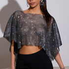 Womens Square Neck Loose Batwing Sleeves T-Shirt Rhinestones Fishnet Party Tops