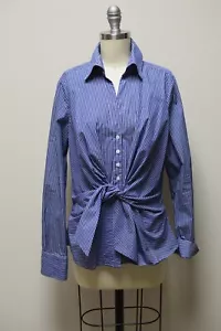 Camicia camicetta top The J. Peterman Company blu a righe bianche cravatta anteriore taglia 8 - Foto 1 di 5