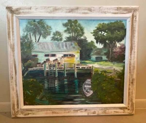 EARLY FLORIDA LANDSCAPE DOCK SCENE PAINTING - Picture 1 of 8