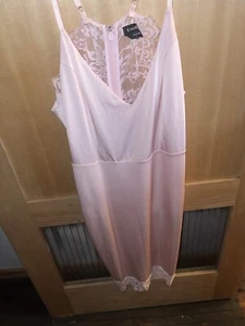 Bebe Lace Knee V-Neck Slip Dress Juniors L Light Pink Solid back Zip Closure - Picture 1 of 4