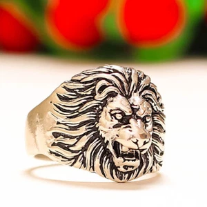 Anello in argento sterling massiccio 92,5 ossidato leone aspetto arrabbiato misura. S 1/2 - Foto 1 di 1