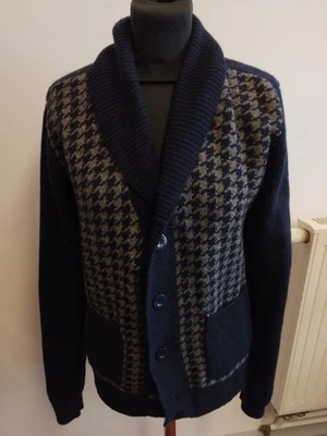 Cárdigan con cuello Merc London Temple retro para hombre azul marino patrón de dientes de perro talla L Foto 1 de 4
