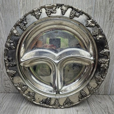Bandeja de servir dividida enchapada en plata vintage borde de uva adornado plato de 13" decoración Foto 1 de 4