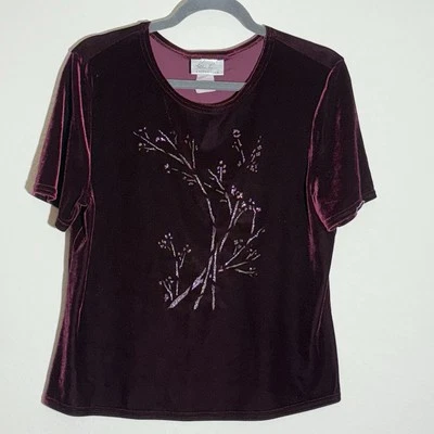 Blusa Kathie Lee Top Mujer L Borgoña Terciopelo Brillo Diseño Floral Vacaciones Roja Foto 1 de 4