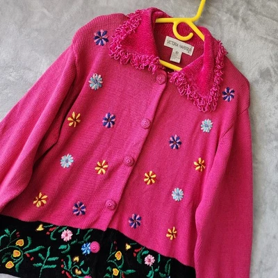 Victoria Harbour 复古毛衣女式大号刺绣串珠花朵雪尼尔 — 第 1/4 张图片