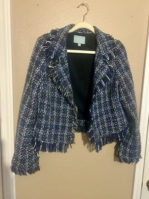 Blazer Traje Chaqueta Skies Are Azul Para Mujer Flecos a Cuadros Clásico Tweed M Foto 1 de 4