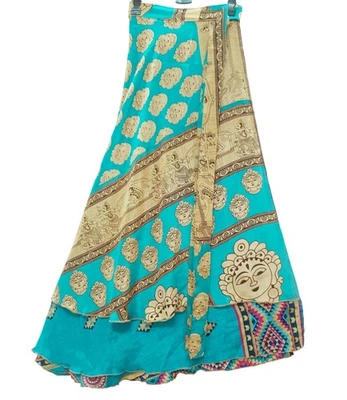 Sushila Vtg Human Face Print Silk Saree Magic Wrap Reversible Skirt Beach Dress - Image 1 of 4