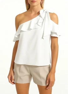 Trina Turk Hot Springs Top XS White One Shoulder Bow Ruffle Asymmetrical USA - Picture 1 of 10