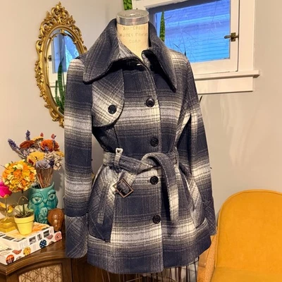 Chaqueta gabardina Y2K Miss Sixty azul gris negro mezcla de lana a cuadros con cinturón - M Foto 1 de 4