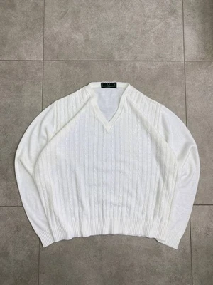 Fred Perry 80s Acrylic V-Neck White Vintage Sweater - Image 1 of 4