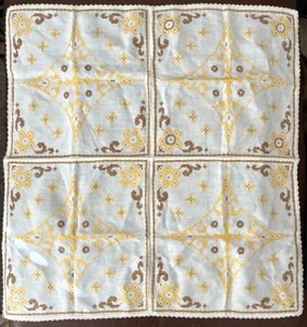 Vintage Fall Cross Stitch Tablecloth 34" Linen Yellow Brown Crochet Edge - Picture 1 of 8
