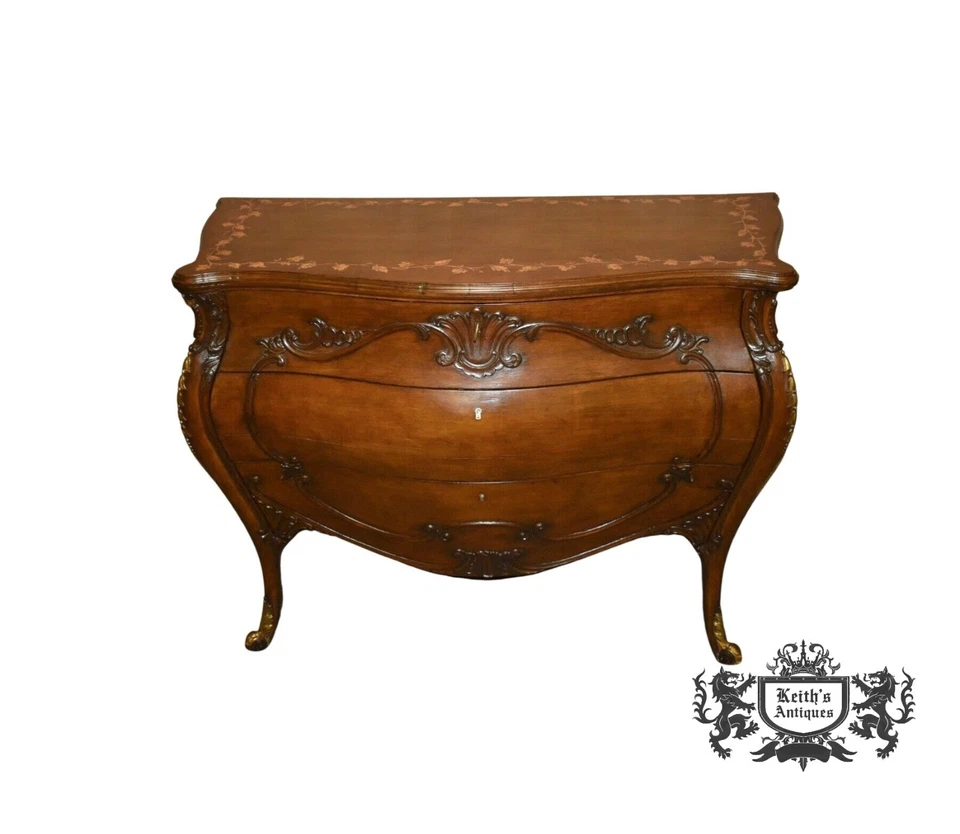 Antique Three Drawer Carved Walnut Italian Bombe' Commode w/Floral Painted Top - Image 1 of 4