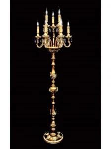 LAMPADA DA TERRA FLAMBEAU IN LEGNO FOGLIA ORO CON CRISTALLI  - Picture 1 of 1