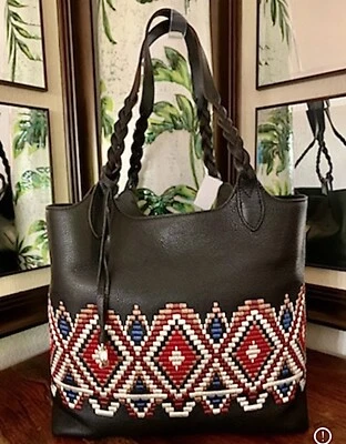 Bolso de Mano Brighton Africa Stories MASAI Cuero Negro Multicolor $425 Nuevo con Etiquetas Foto 1 de 4