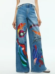 💕$550 ALICE + OLIVIA TUCKER AVERY BLUE HAND PAINTED BLUE JEANS SZ 25 NEW RARE! - Picture 1 of 12