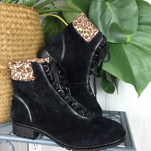 New Women’s Crown & Ivy Black June Leopard Ankle Boots Leather Suede Size 7 M - Picture 1 of 9