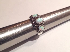 Opal 3 stone Marcasite Ring Sterling Silver size N Antique Vintage style R - 9 - Picture 1 of 7