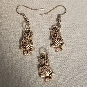 Wise Owl silvertone dangle earrings and pendant set Wisdom Graduation Bird Lover - Picture 1 of 3