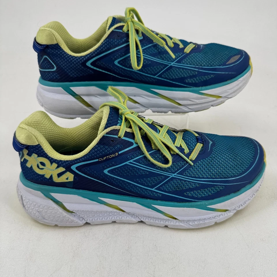 Hoka One One Clifton 3 Zapatos MUJERES Azul Amarillo Con Cordones Tenis para Correr TALLA 10 Foto 1 de 4
