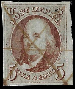 EAS_STAMPS US #1 ORIGINAL GEBRAUCHTER UVF-STIFTSTEMPEL UND EINE KLEINE ECKE SCV 250,00 $ - Bild 1 von 2