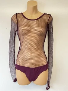 Victoria Secret Lingerie Teddy One Piece Bodysuit Purple Fishnet Long Sleeve M - Picture 1 of 9