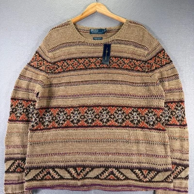 Polo Ralph Lauren XXL Knit Sweater Fair Isle Linen Wool Silk Tan Beige - Image 1 of 4