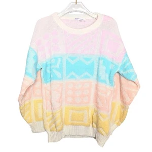 Vintage 80er Pastell Rundhals Geometrisches Muster Pullover Langarm Rosa Blau - Bild 1 von 8