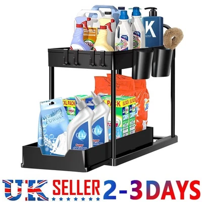 2 Tier Under Sink Spice Rack Shelf Hooks Storage Kitchen Bathroom Organiser Tidy - Image 1 of 4