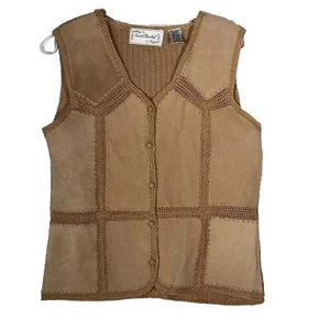 Vintage Brown Suede Crochet Patchwork Vest Women's Small - Picture 1 of 6