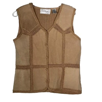 Vintage Brown Suede Crochet Patchwork Vest Women's Small - Image 1 of 4