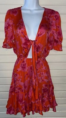 NWT Olivaceous Sz Small Pink Orange Floral Front Tie Ruffled Dress - Image 1 of 4