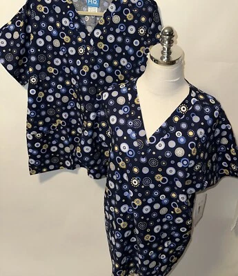 2 New Scrub HQ Size Large Cotton Tops Colorful Floral Pastel Print - Image 1 of 4