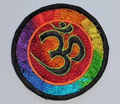 Round Sew On Patch * Nepalese Made * 8cm * Rainbow Om - Black Blue Brown Green - Image 1 of 4