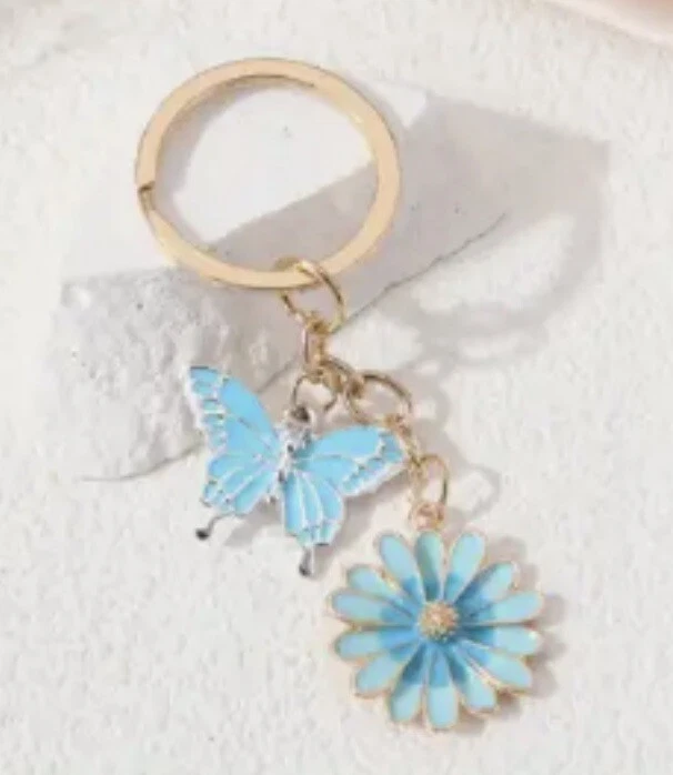 Blue Butterfly & Daisy Rose Gold Coloured Metal Keyring Pretty Gift Split Ring - Image 1 of 1