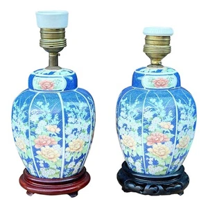 Pair Vintage Petite Chinese Porcelain Ginger Jar Table Lamps Blue & White Floral - Picture 1 of 13