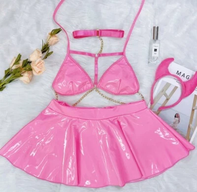 Conjunto de roupa íntima uniforme boate sexy couro laca cor vermelha Little Devil COS  - Imagem 1 de 4