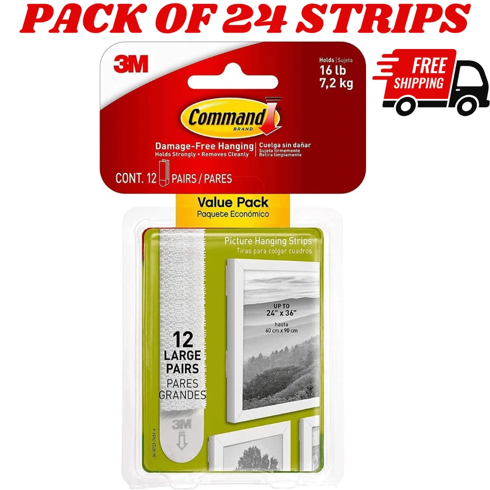 3M Command Large Picture Hanging Strips Pack of 12 White