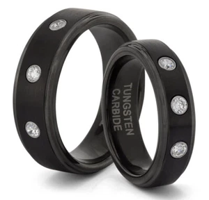 HIS & HERS 8MM/6MM Tungsten Matte Black Diamond Wedding Band TWO RING SET - Picture 1 of 3