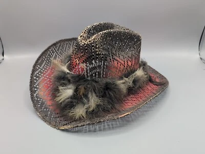 Chapéu de cowboy de palha feito no México penas ocidentais vermelho preto tamanho 7 1/8 - Imagem 1 de 4