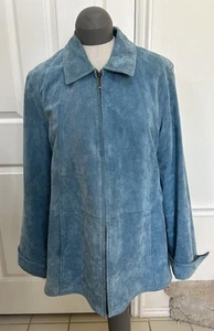 Coldwater Creek Wildleder Leder lange Jacke blau türkis Reißverschluss vorne Damen 1X - Bild 1 von 14