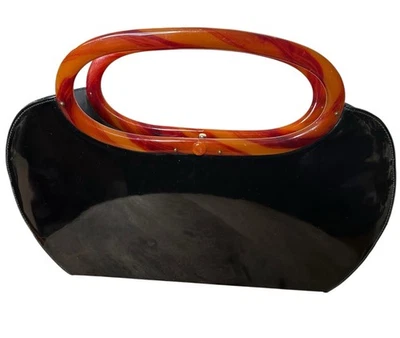 Vtg 50s Bobbie Jerome Clutch Handbag Black Patent Leather Purse Bakelite Handles - Image 1 of 4