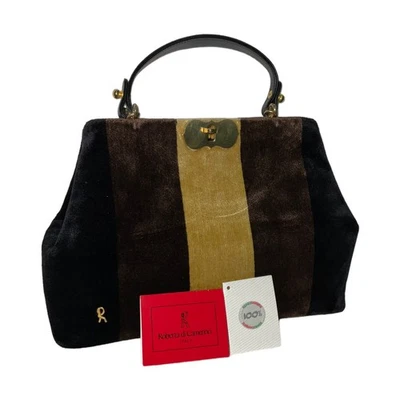 Bolso de mano vintage de cuero marrón terciopelo para mujer Roberta di Camerino asa superior Foto 1 de 4